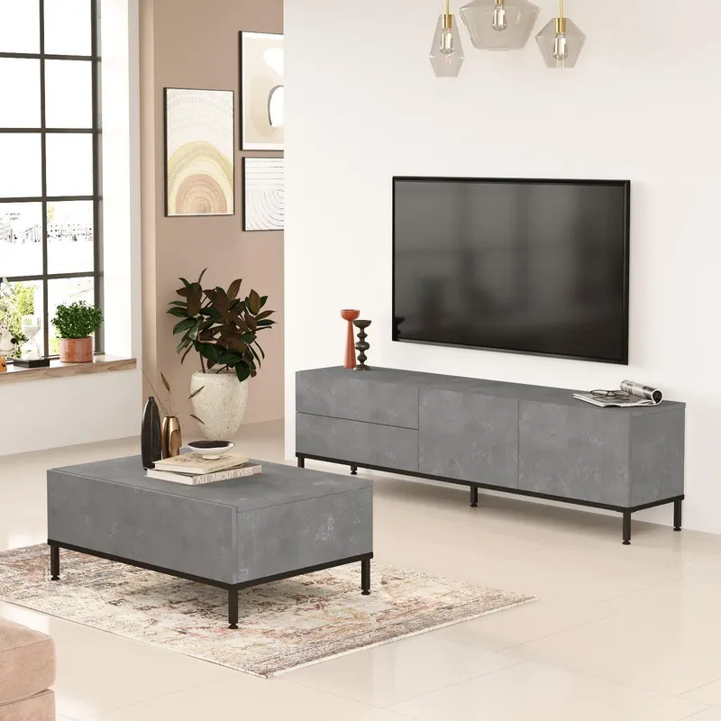 Set Mobila Sufragerie Oslo, Gri, 2 piese, Comoda Tv - Masuta de Cafea, 170.3x35.5x46.35 cm - Gri