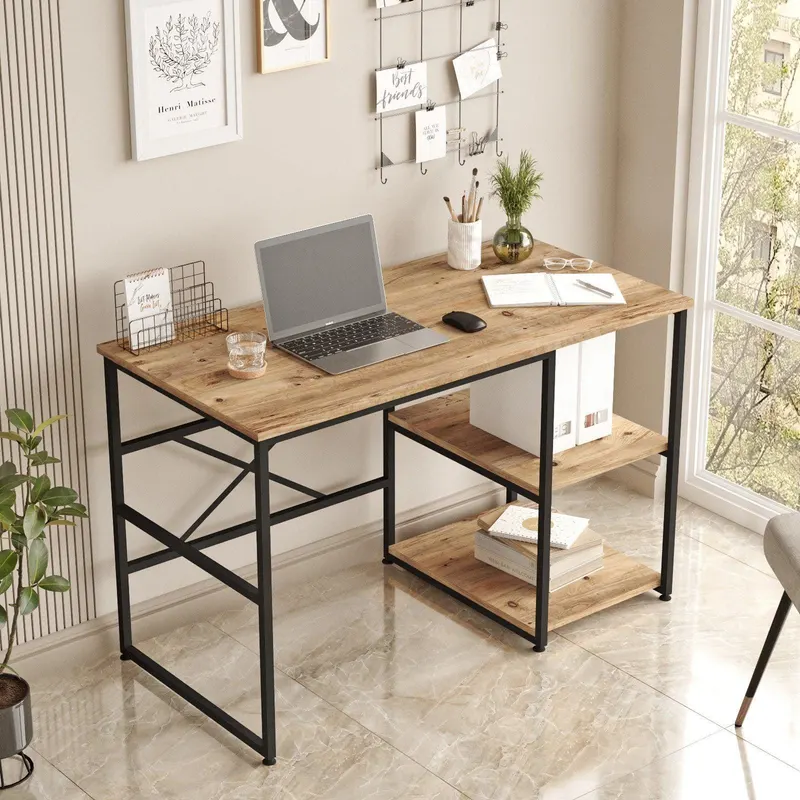 Birou Dario cadru metal cu rafturi Dreapta, Negru -Stejar, 120x75x60 cm - Stejar