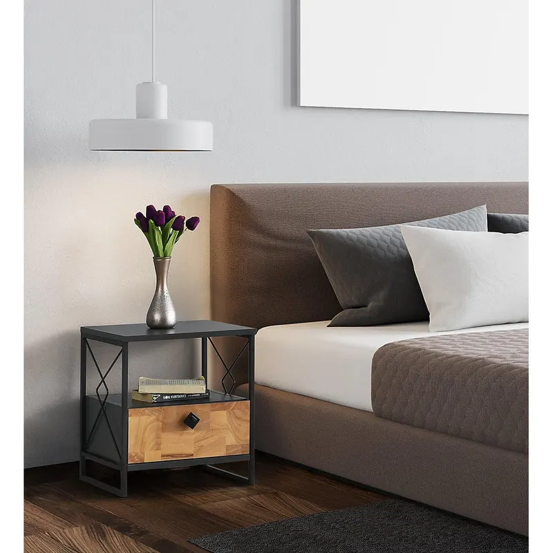 Noptiera Altunizade cu raft si sertar, Gri, 45x50x41 cm - Gri