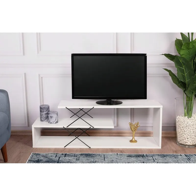 Comoda Tv Zigzag, Alb - Gri - Galben - Stejar - Maro, 120x40x30 cm - Alb