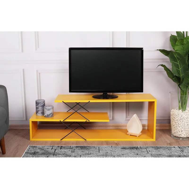 Comoda Tv Zigzag, Alb - Gri - Galben - Stejar - Maro, 120x40x30 cm - Galben