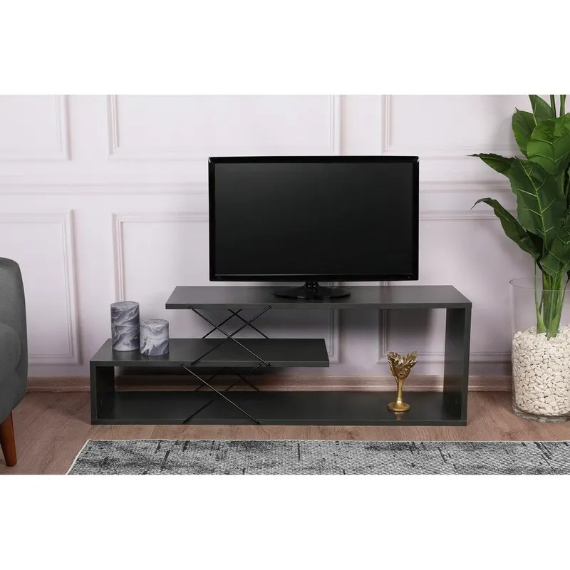Comoda Tv Zigzag, Alb - Gri - Galben - Stejar - Maro, 120x40x30 cm - Gri