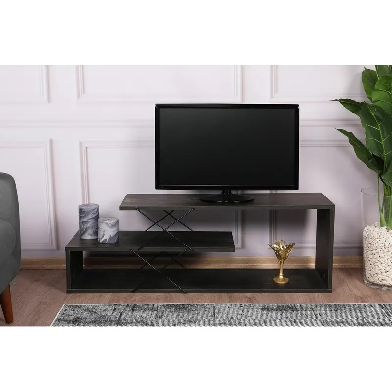 Comoda Tv Zigzag, Alb - Gri - Galben - Stejar - Maro, 120x40x30 cm - Maro inchis