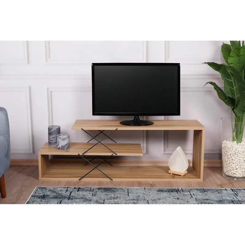 Comoda Tv Zigzag, Alb - Gri - Galben - Stejar - Maro, 120x40x30 cm - Stejar