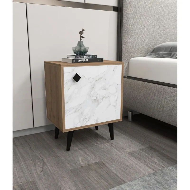 Noptiera Hastikoz cu usa, Alb - Stejar - Lemn, Natural, 45x65x35 cm - Gri