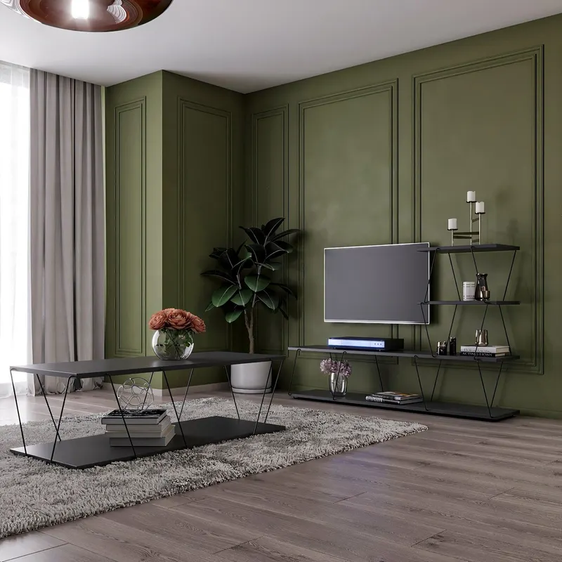 Set Mobila Sufragerie Basak, Alb - Stejar - Gri, 150x93x30 cm, 120x30x50 cm - Antracit