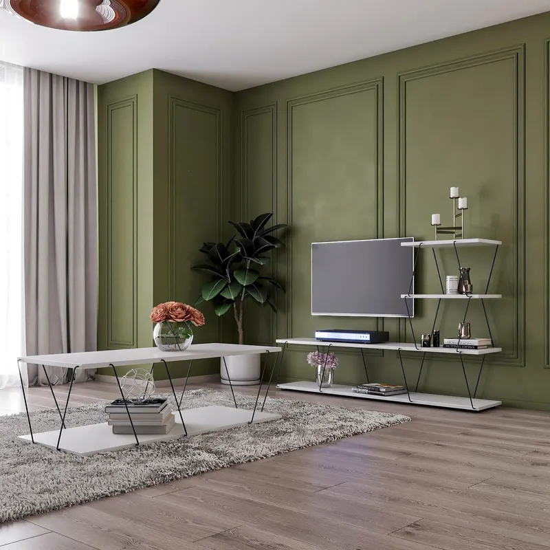 Set Mobila Sufragerie Basak, Alb - Stejar - Gri, 150x93x30 cm, 120x30x50 cm - Alb