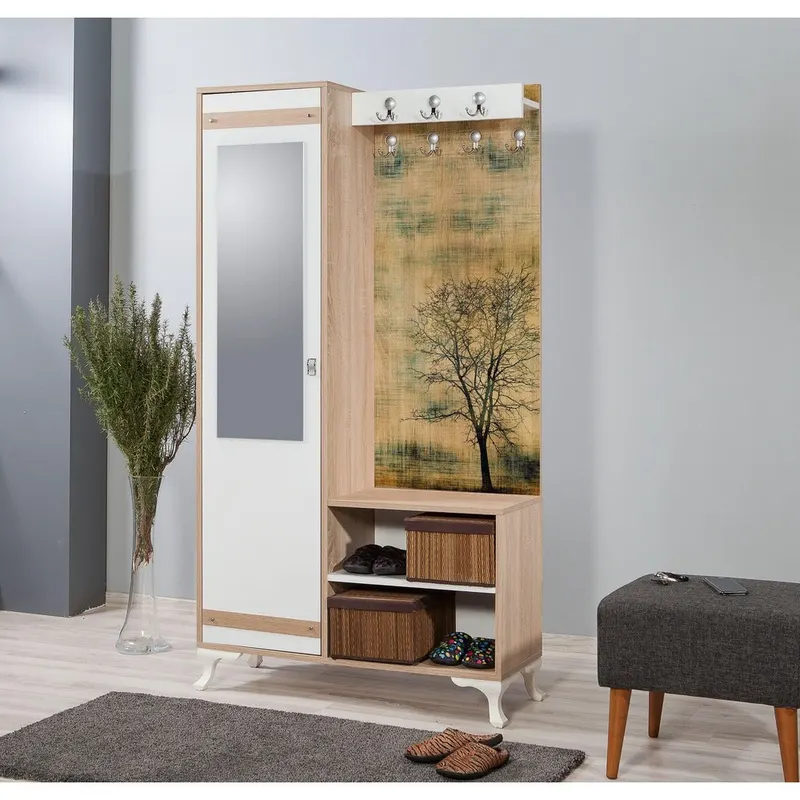 Cuier cu pantofar İNCİ-723 Hall Stand 2, Stejar Sonoma, 190x36x100 cm - Stejar