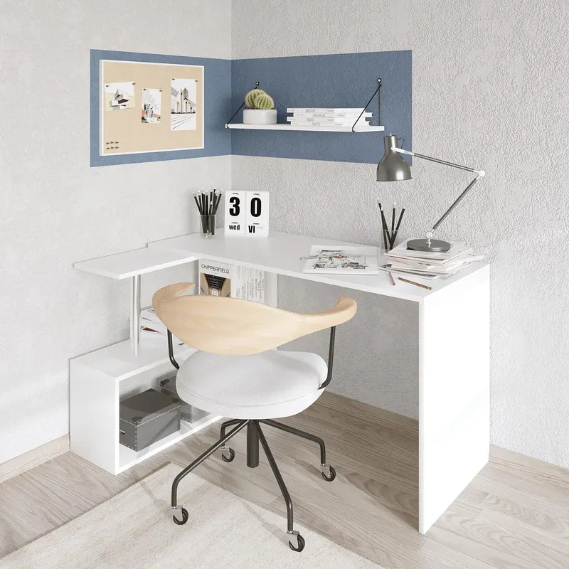 Birou Colt Estelle cu rafturi, Alb, 130x74x94 cm - Alb