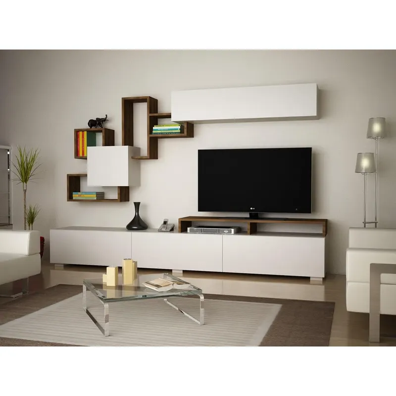 Comoda tv Elit cu Raft Suspendat, Alb - Nuc, 210x47x37 cm - Nuc