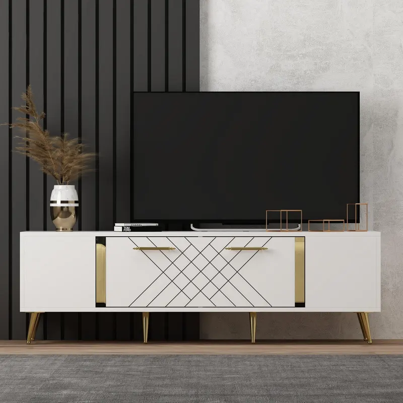 Comoda Tv Detas - White, Gold, Alb, 150x48x35 cm - Alb