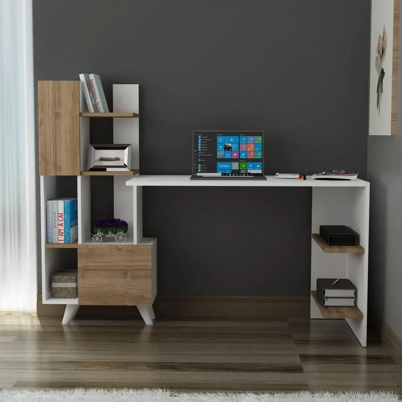 Birou Alis cu Biblioteca cu usi si rafturi, Alb, 170x120x60 cm - Alb