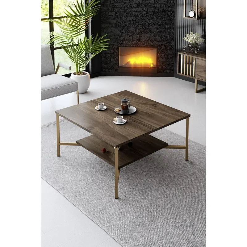 Masuta Cafea, PAL Melaminat / Metal, Gold Line, Negru / Auriu, 80x80x40 cm - Nuc
