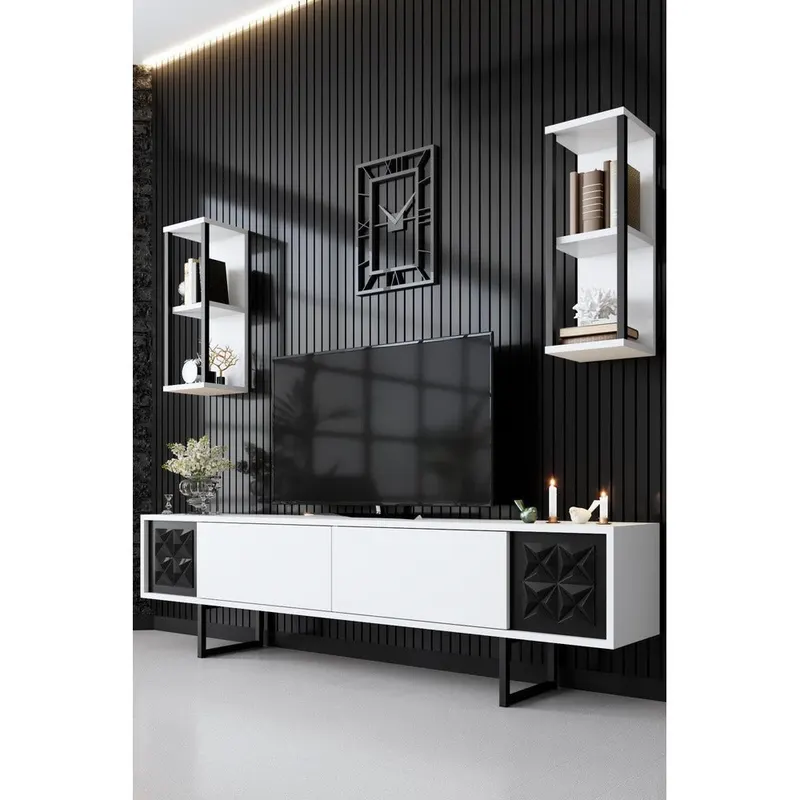Comoda TV Black Line TV Stand Stylish, Gri, 180x30x18 cm - Alb negru