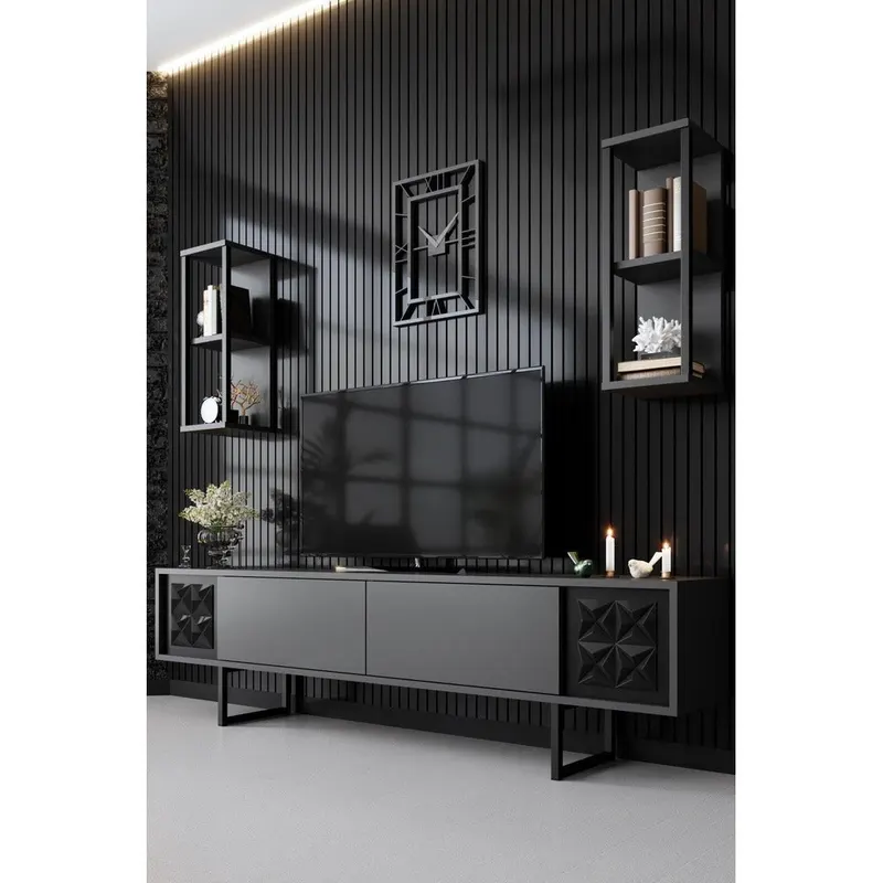 Comoda TV Black Line TV Stand Stylish, Gri, 180x30x18 cm - Negru Antracit