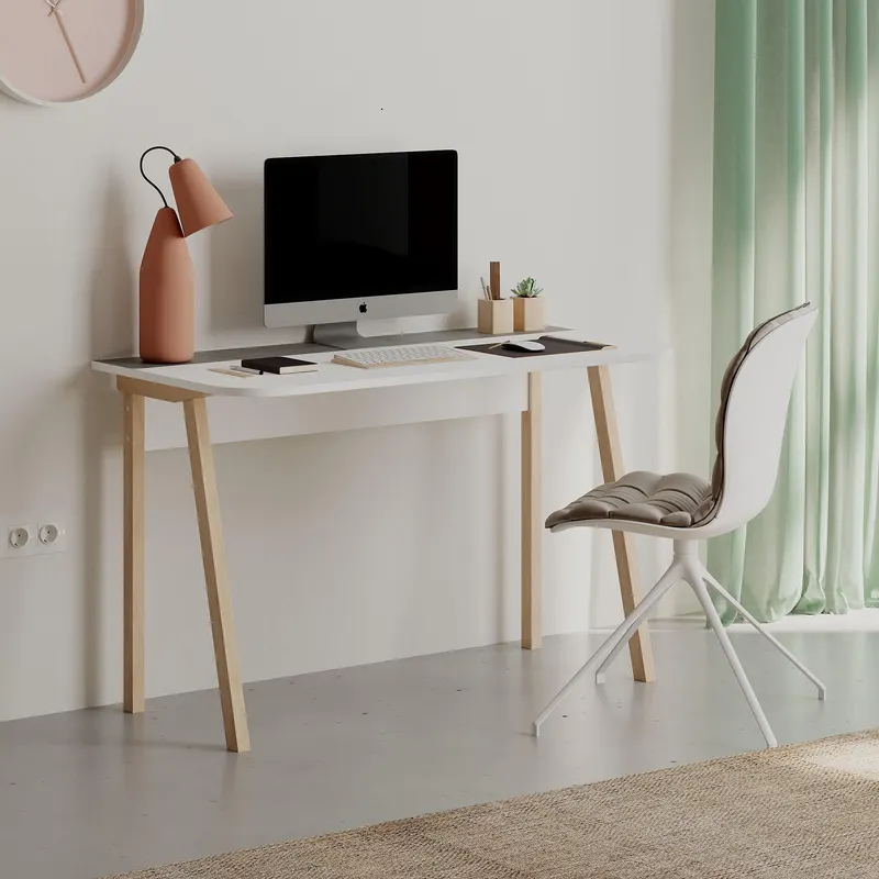 Birou Luton Stil scandinav, Alb Mocha deschis - Alb Gri, 120x75x60 cm - Alb Gri