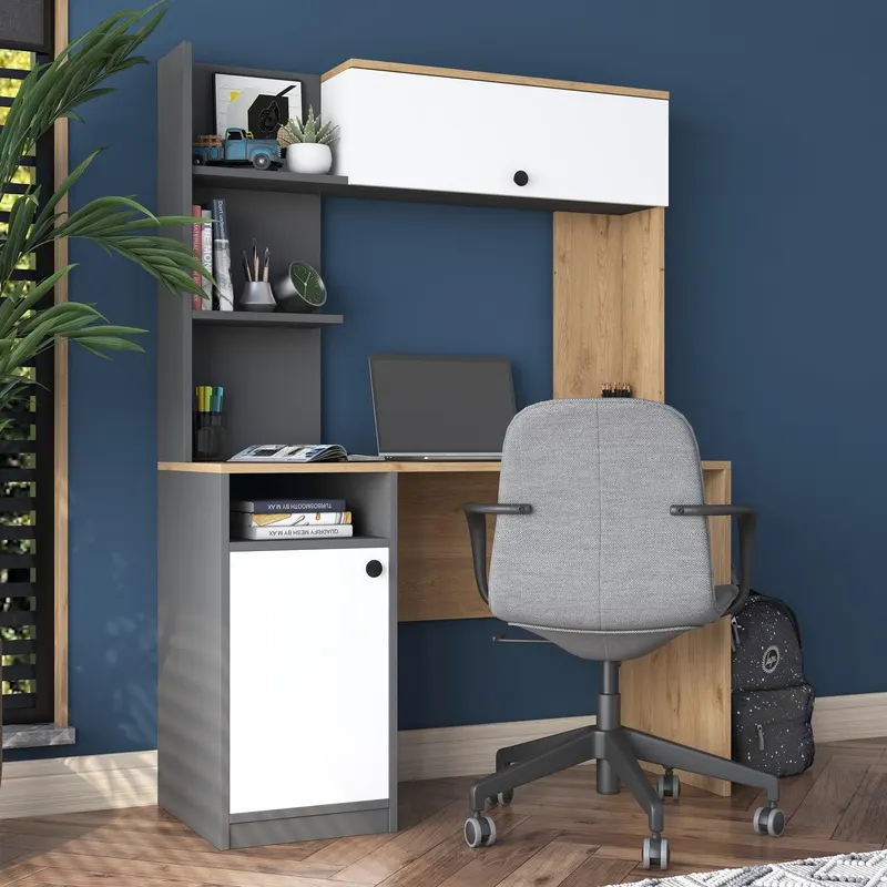 Birou cu Biblioteca Dani cu 2 Usi si 6 Rafturi, Stejar - Gri, 117x160x46 cm - Gri