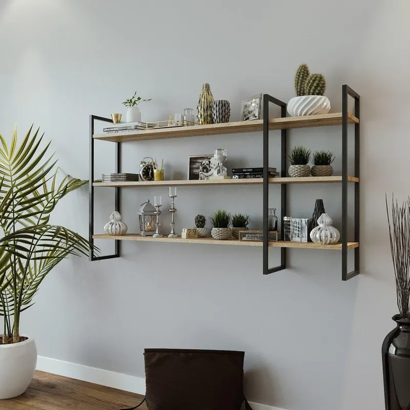 Raft De Perete Raiden cu 3 Rafturi si cadru Metal, Stejar, 140x90x25 cm - Stejar