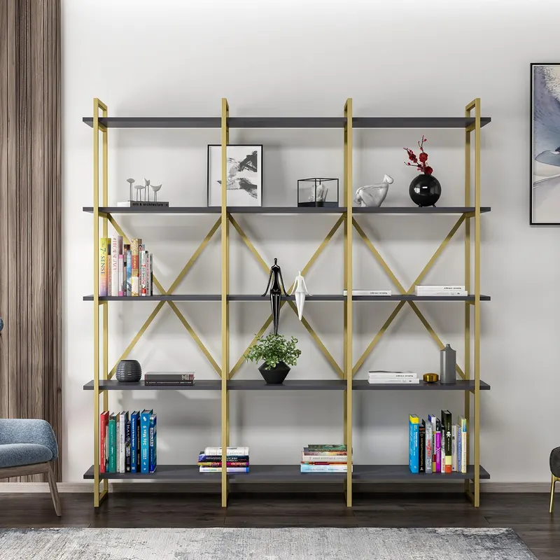 Biblioteca Dunston Lux cu 5 Rafturi, 180x34x180 cm - Antracit auriu