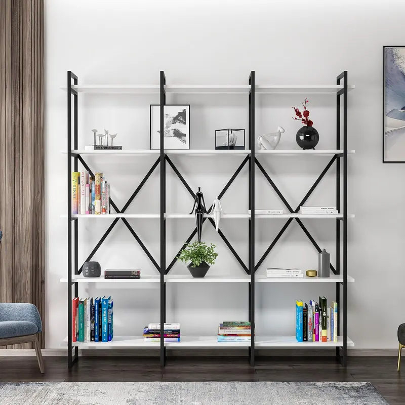 Biblioteca Dunston Lux cu 5 Rafturi, 180x34x180 cm - Alb negru