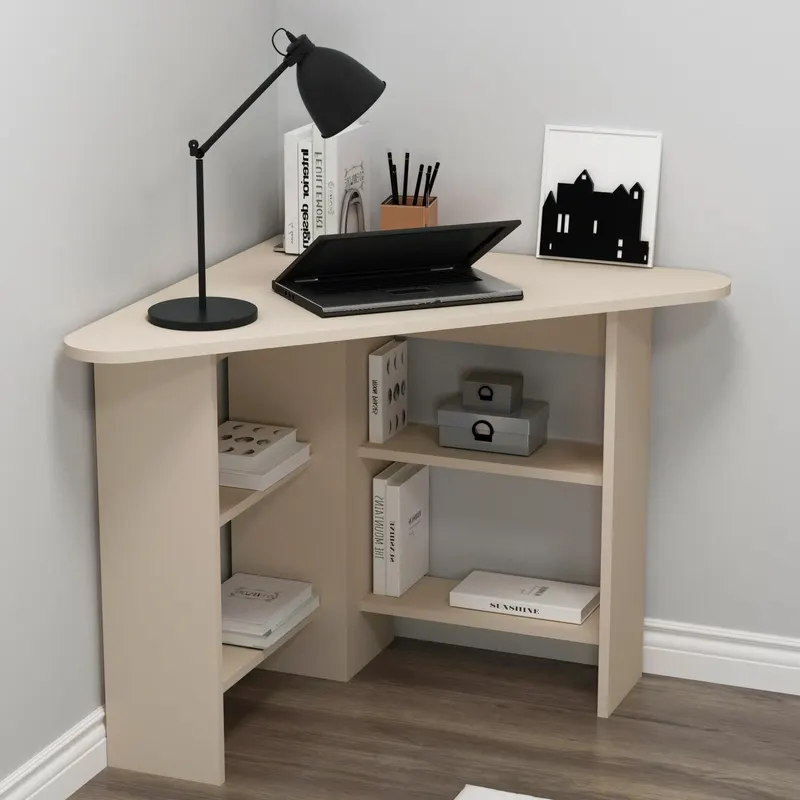 Birou Colt Bellingham cu Rafturi, Design Ergonomic, 80x74x80 cm - Bej