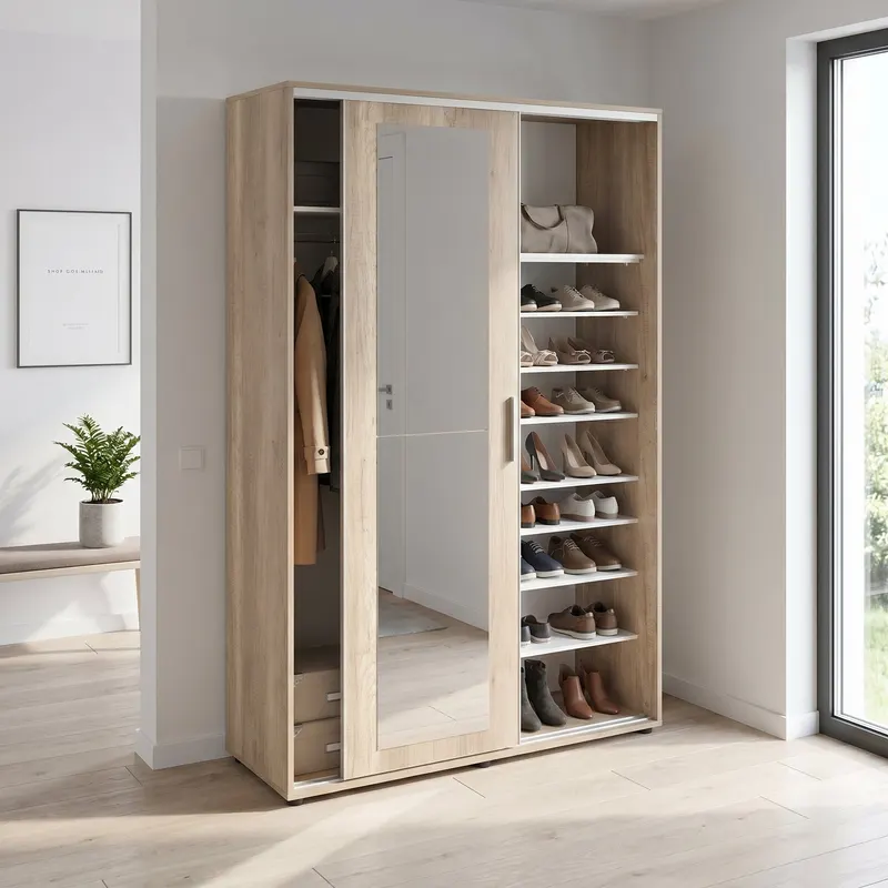 Pantofar PRT-720-TT-3 Home Collection® Porto cu cuier, 2 usi cu oglinda, 12 rafturi, capacitate 35 perechi incaltaminte, Natur, 120x212x40 cm - Natur