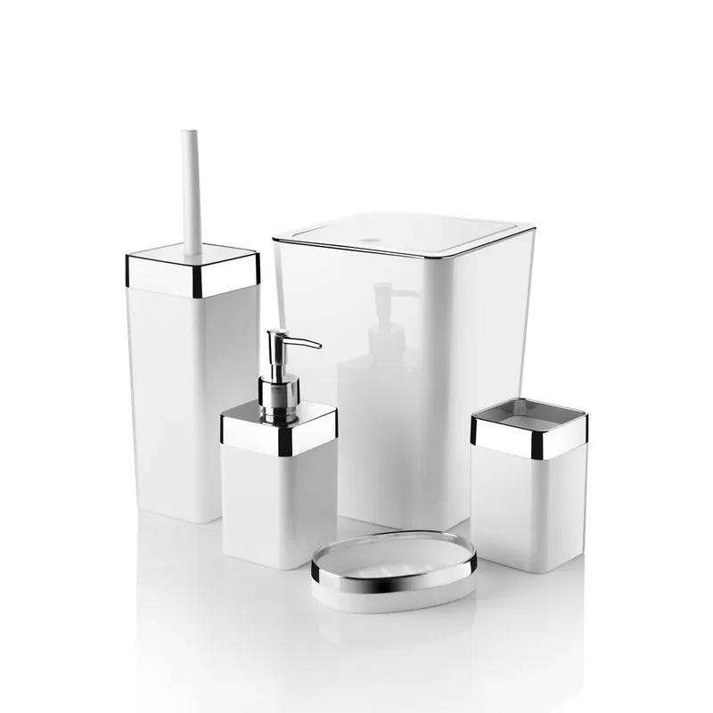 Set de baie Feride, Dozator de sapun, Perie, Suport de periuta de dinti, Sapuniera, Coș de Gunoi, 34x13x9 cm - Alb