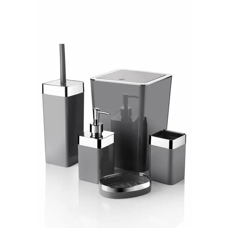 Set de baie Feride, Dozator de sapun, Perie, Suport de periuta de dinti, Sapuniera, Coș de Gunoi, 34x13x9 cm - Gri