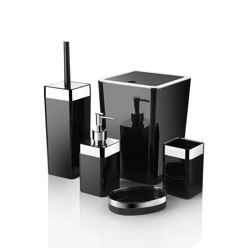 Set de baie Feride, Dozator de sapun, Perie, Suport de periuta de dinti, Sapuniera, Coș de Gunoi, 34x13x9 cm - Negru