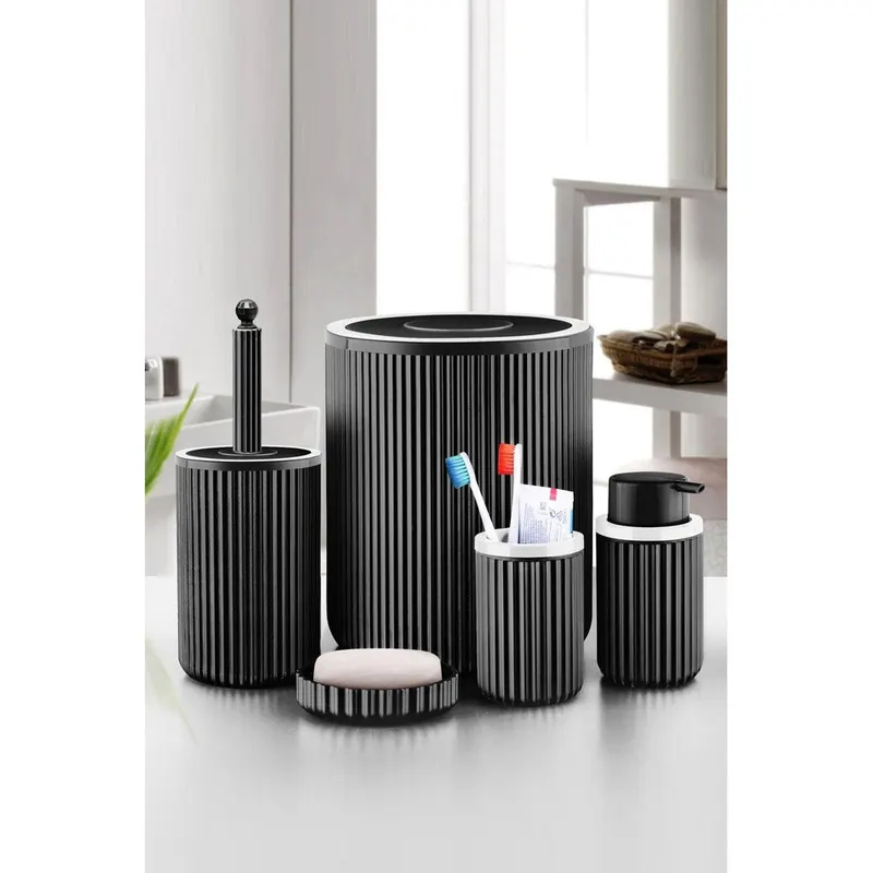 Set de baie Mert, Dozator de sapun, Perie, Suport de periuta de dinti, Sapuniera, Coș de Gunoi, 34x13x9 cm - Negru