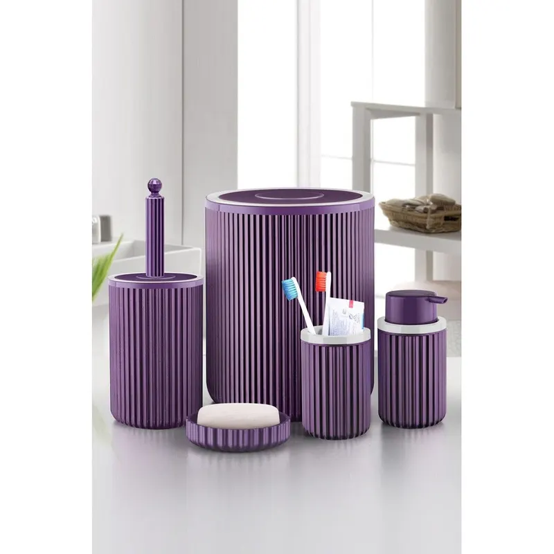 Set de baie Mert, Dozator de sapun, Perie, Suport de periuta de dinti, Sapuniera, Coș de Gunoi, 34x13x9 cm - Violet