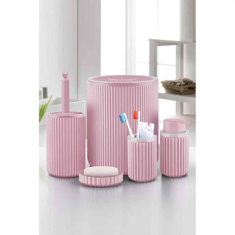 Set de baie Mert, Dozator de sapun, Perie, Suport de periuta de dinti, Sapuniera, Coș de Gunoi, 34x13x9 cm - Roz