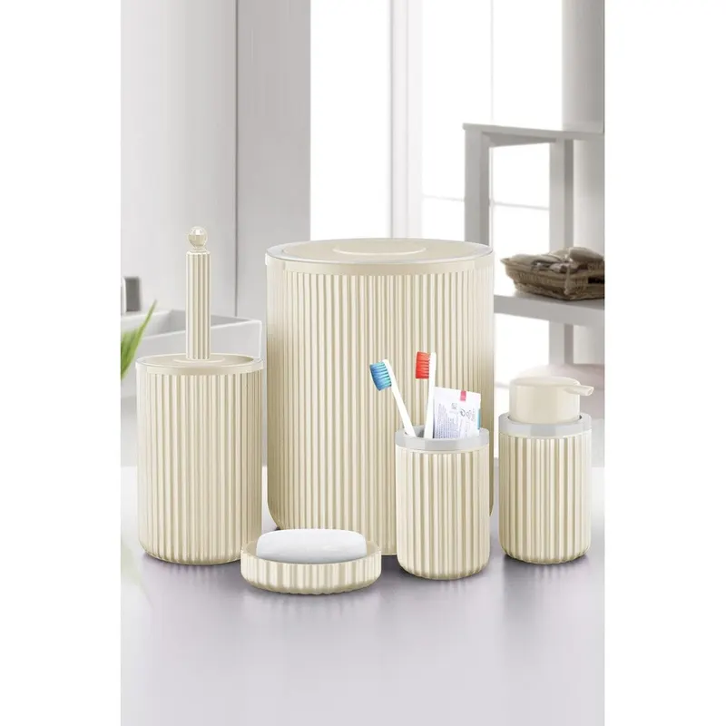 Set de baie Mert, Dozator de sapun, Perie, Suport de periuta de dinti, Sapuniera, Coș de Gunoi, 34x13x9 cm - Crem