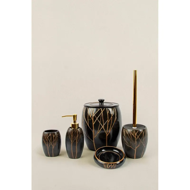 Set de Baie Lux Lioni, Dozator de sapun, Perie, Suport de periuta de dinti, Sapuniera, Coș de Gunoi, Maro, 27x30x27 cm - Maro