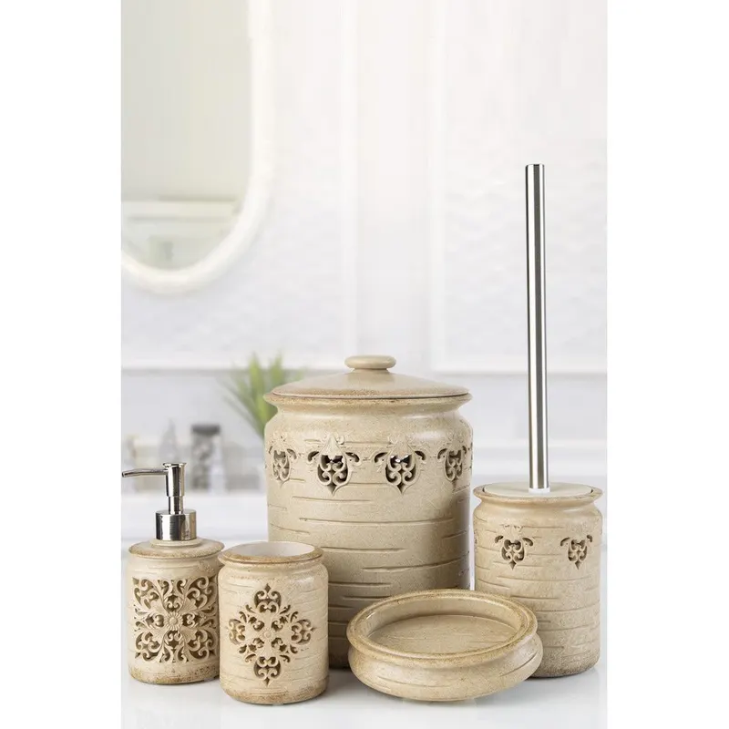 Set de Baie Lux Freda, Dozator de sapun, Perie, Suport de periuta de dinti, Sapuniera, Coș de Gunoi, Bej, 80.5x10.5x14 cm - Bej