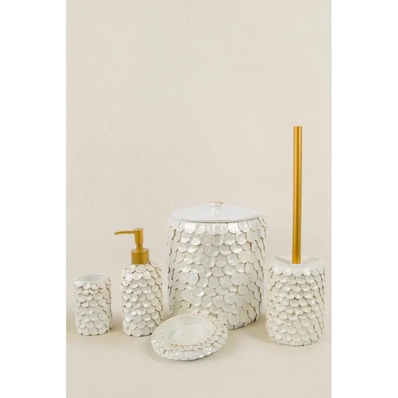 Set de Baie Lux Lindy, Dozator de sapun, Perie, Suport de periuta de dinti, Sapuniera, Coș de Gunoi, Crem, 20.5x20.5x23 cm - Bej