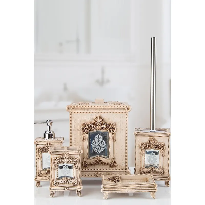 Set de Baie Lux Omera, Dozator de sapun, Perie, Suport de periuta de dinti, Sapuniera, Coș de Gunoi, Bej, 18x18x25 cm - Bej