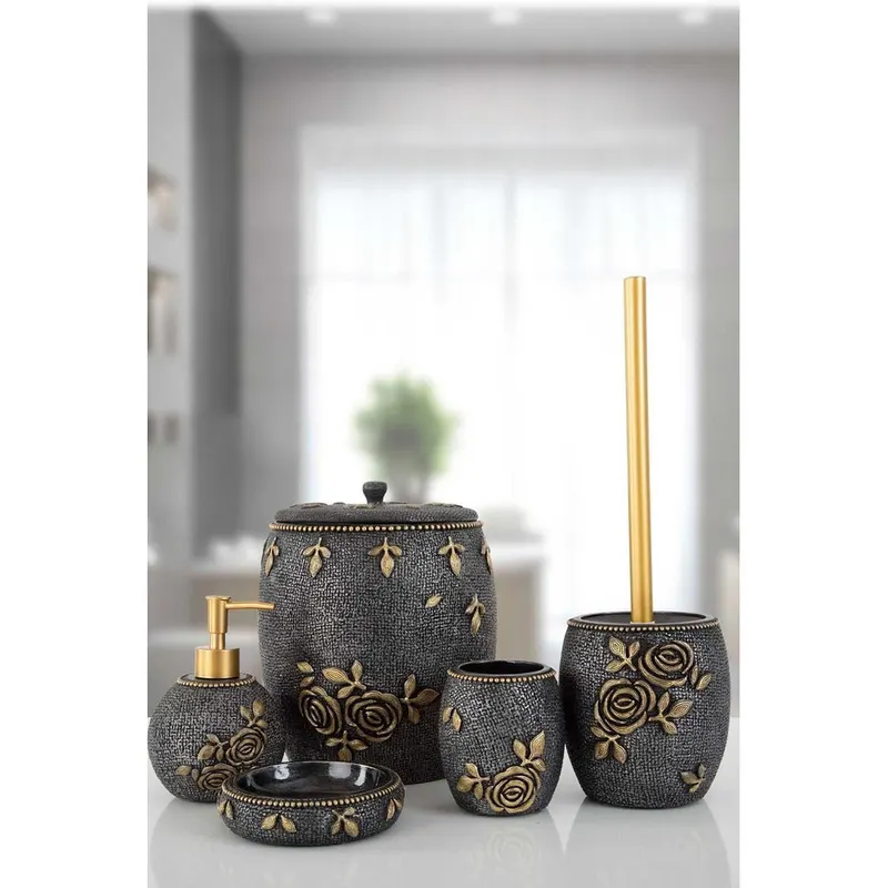 Set de Baie Lux Elvin, Dozator de sapun, Perie, Suport de periuta de dinti, Sapuniera, Coș de Gunoi, Gri, 12x12x3 cm - Gri