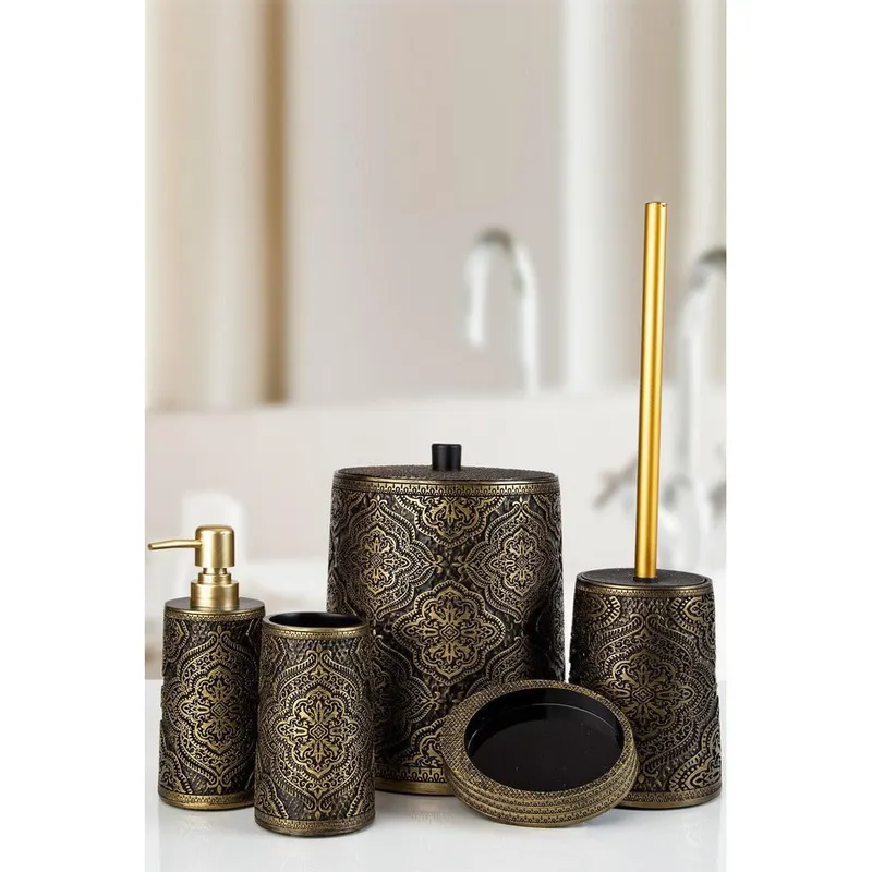 Set de Baie Lux Lane, Dozator de sapun, Perie, Suport de periuta de dinti, Sapuniera, Coș de Gunoi, Bronz, 19x19x25 cm - Bronz