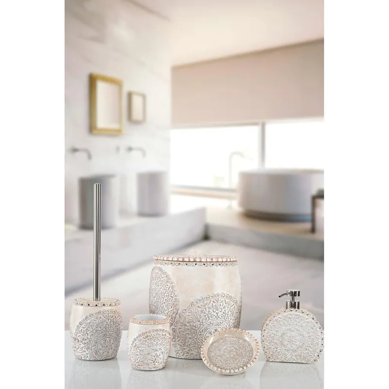 Set de Baie Lux Vanessa, Dozator de sapun, Perie, Suport de periuta de dinti, Sapuniera, Coș de Gunoi, Crem, 20x20x23 cm - Bej