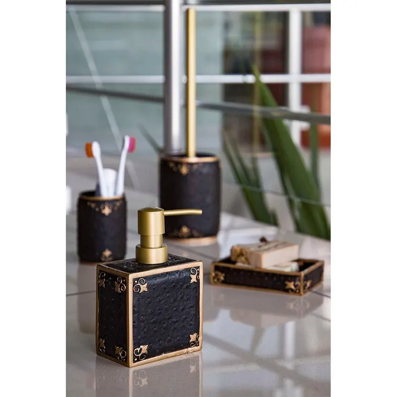 Set de Baie Lux Luxton, Dozator de sapun, Perie, Suport de periuta de dinti, Sapuniera, Negru, 8x81x10 cm - Negru
