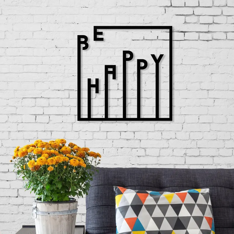 Decoratiune de perete Metal Happy, Negru, 40x40 cm - Negru