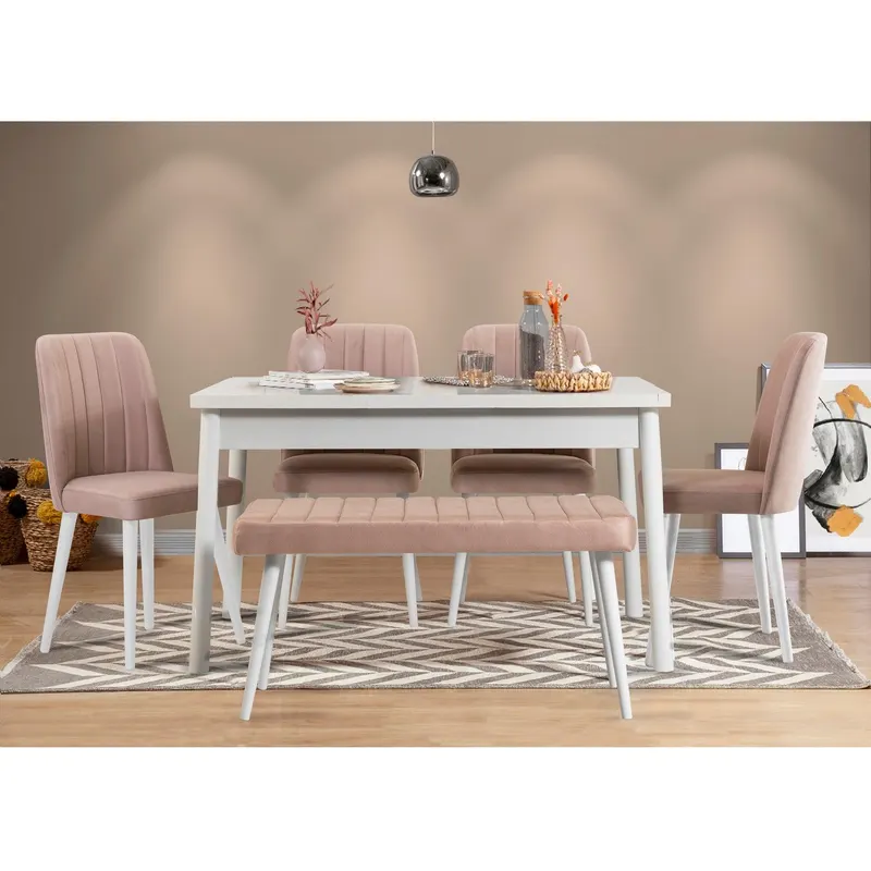Set Masa Bucatarie și scaune (6 bucăți) Puren, Alb - Alb / Stejar, 120x75x77 cm - Alb