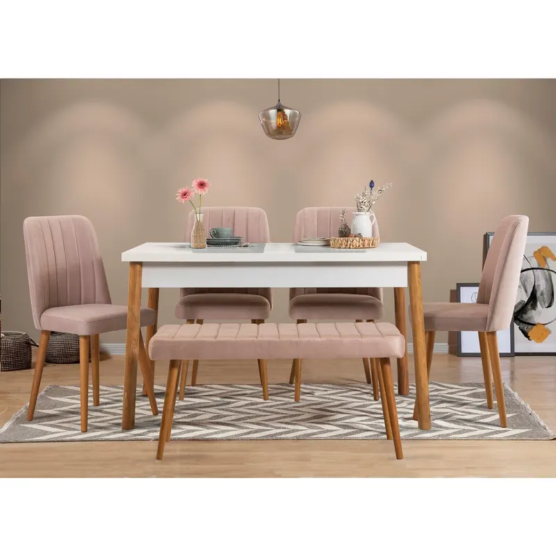 Set Masa Bucatarie și scaune (6 bucăți) Puren, Alb - Alb / Stejar, 120x75x77 cm - Alb / Stejar