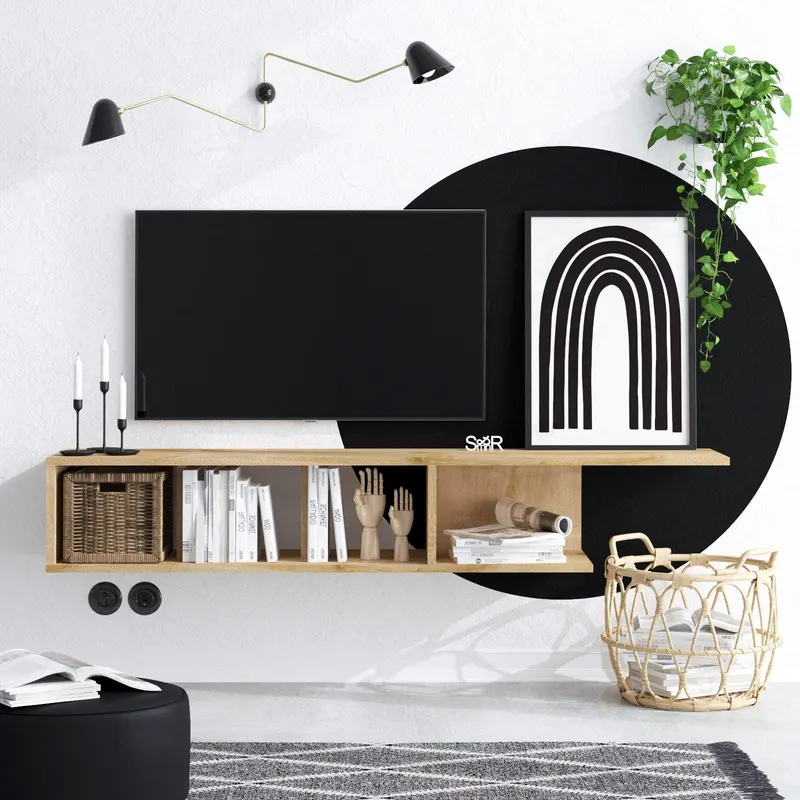 Comoda TV Pan cu rafturi, Stejar, 150x26x24 cm - Stejar