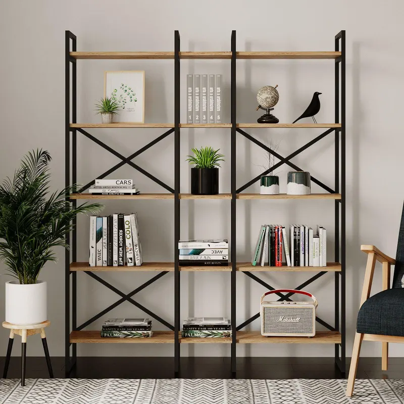 Biblioteca Advantex 5 rafturi Lung cadru metal, Stejar, 144x175x30 cm - Stejar