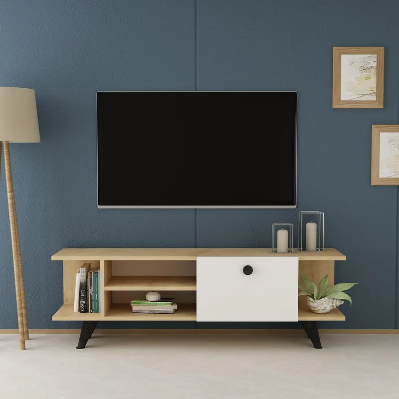 Comoda TV Fantery cu Rafturi si Usa, Nuc - Stejar, 120x45x30 cm - Stejar