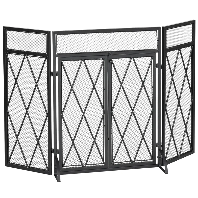 HOMCOM Parascantei Semineu din Metal Protectie pentru semineu cu 3 Panouri Pliabile si 2 Usi, 120x11,5x79cm, Negru | RO