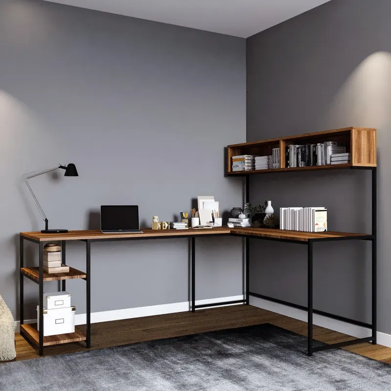 Birou Colt cu Biblioteca Mercan, Nuc, 200x72x60 cm - Nuc