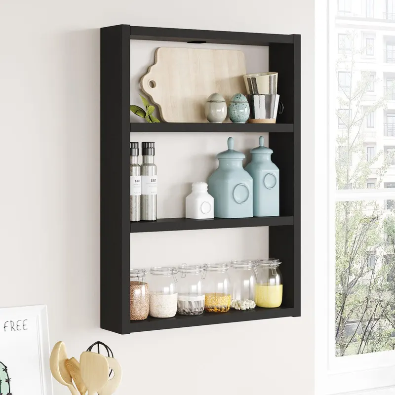 Raft de perete Bucatarie Stonewall, 3 rafturi, 43x60x9 cm - Negru